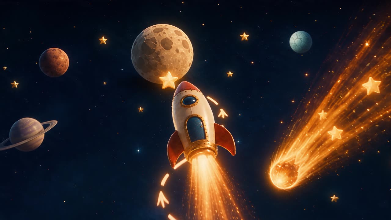The rocket flies a dotted course past the moon, ringed planets and a bright comet.