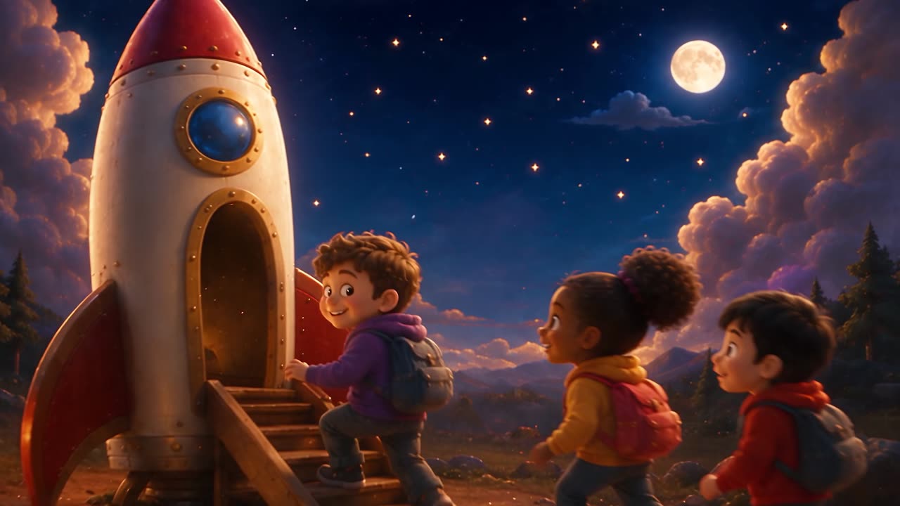 Three children with backpacks climb the wooden steps into a landed rocket under a full moon.